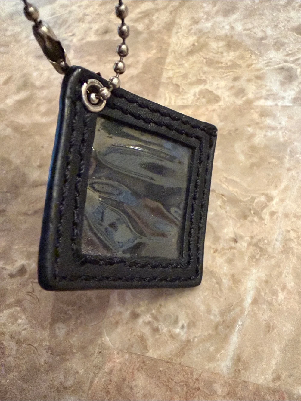 COACH Black Leather photo Holder Bag Charm with Ball Chain